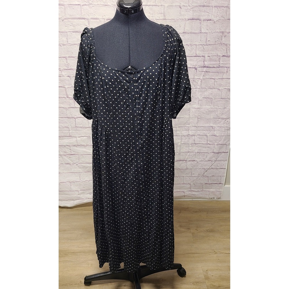 Ava & Viv Womens XXL Black Polka Dot Button Front Square Neck Midi Dress